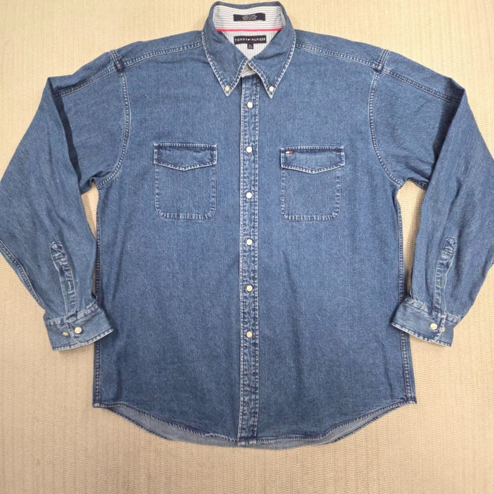 Vintage Tommy Hilfiger Shirt Mens XL Blue Denim Long Sleeve Button Up Down Y2K